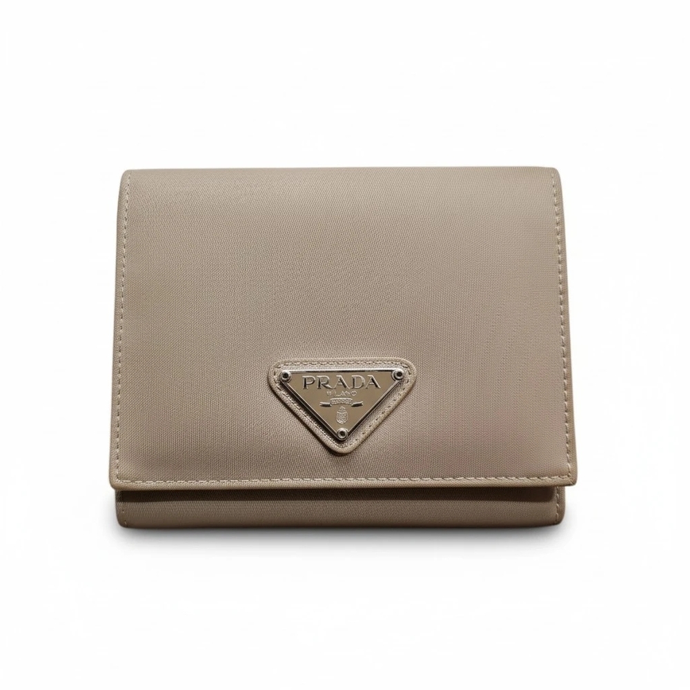Prada Taupe Unisex Nylon Leather Trifold Wallet